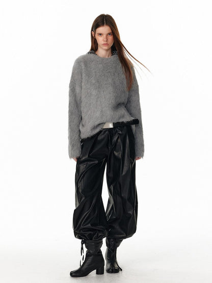 ALINNV Fuzzy Long Hair Alpaca Oversized Crewneck Women&