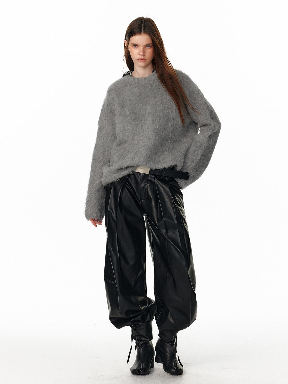 ALINNV Fuzzy Long Hair Alpaca Oversized Crewneck Women&