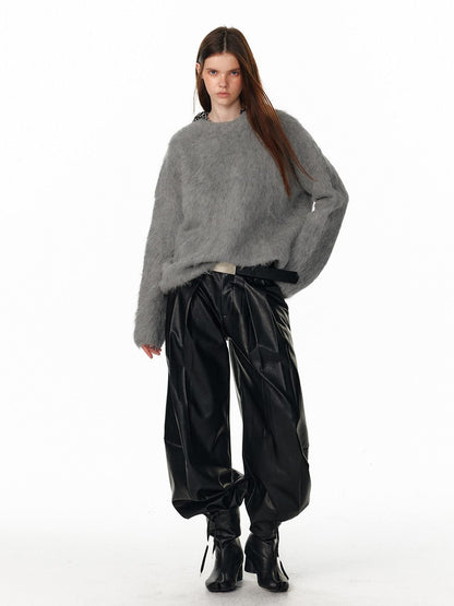 ALINNV Fuzzy Long Hair Alpaca Oversized Crewneck Women&