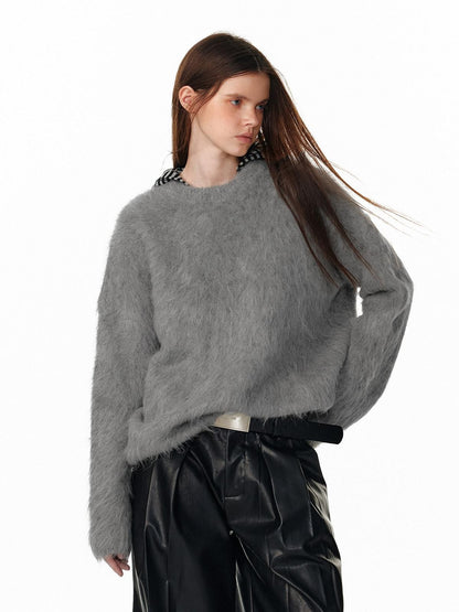 ALINNV Fuzzy Long Hair Alpaca Oversized Crewneck Women&