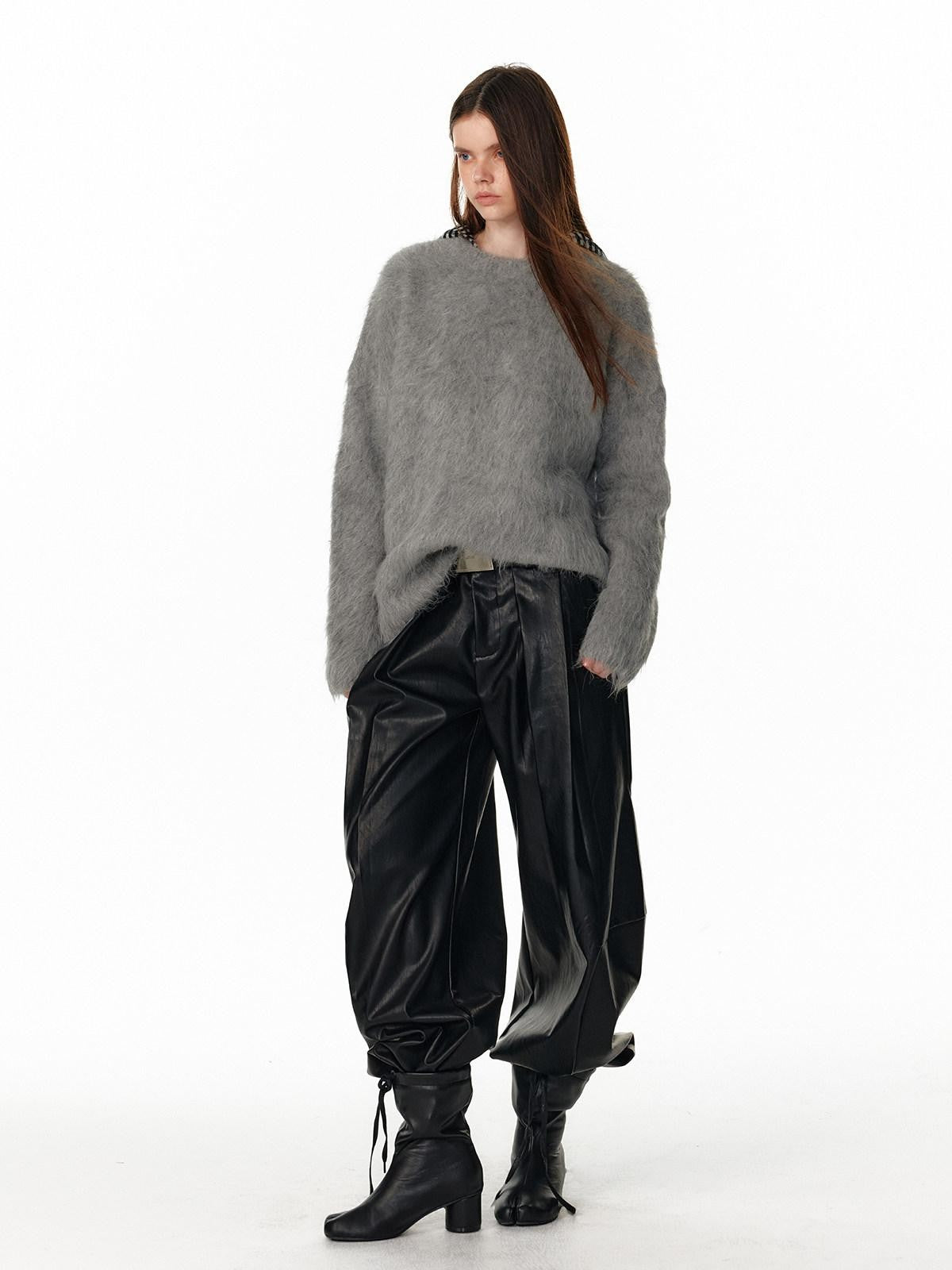 ALINNV Fuzzy Long Hair Alpaca Oversized Crewneck Women&