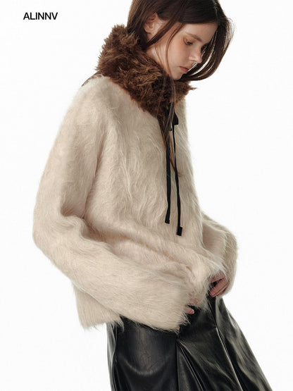 ALINNV Fuzzy Long Hair Alpaca Oversized Crewneck Women&