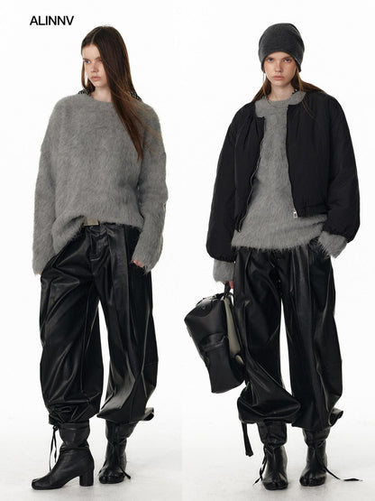 ALINNV Fuzzy Long Hair Alpaca Oversized Crewneck Women&