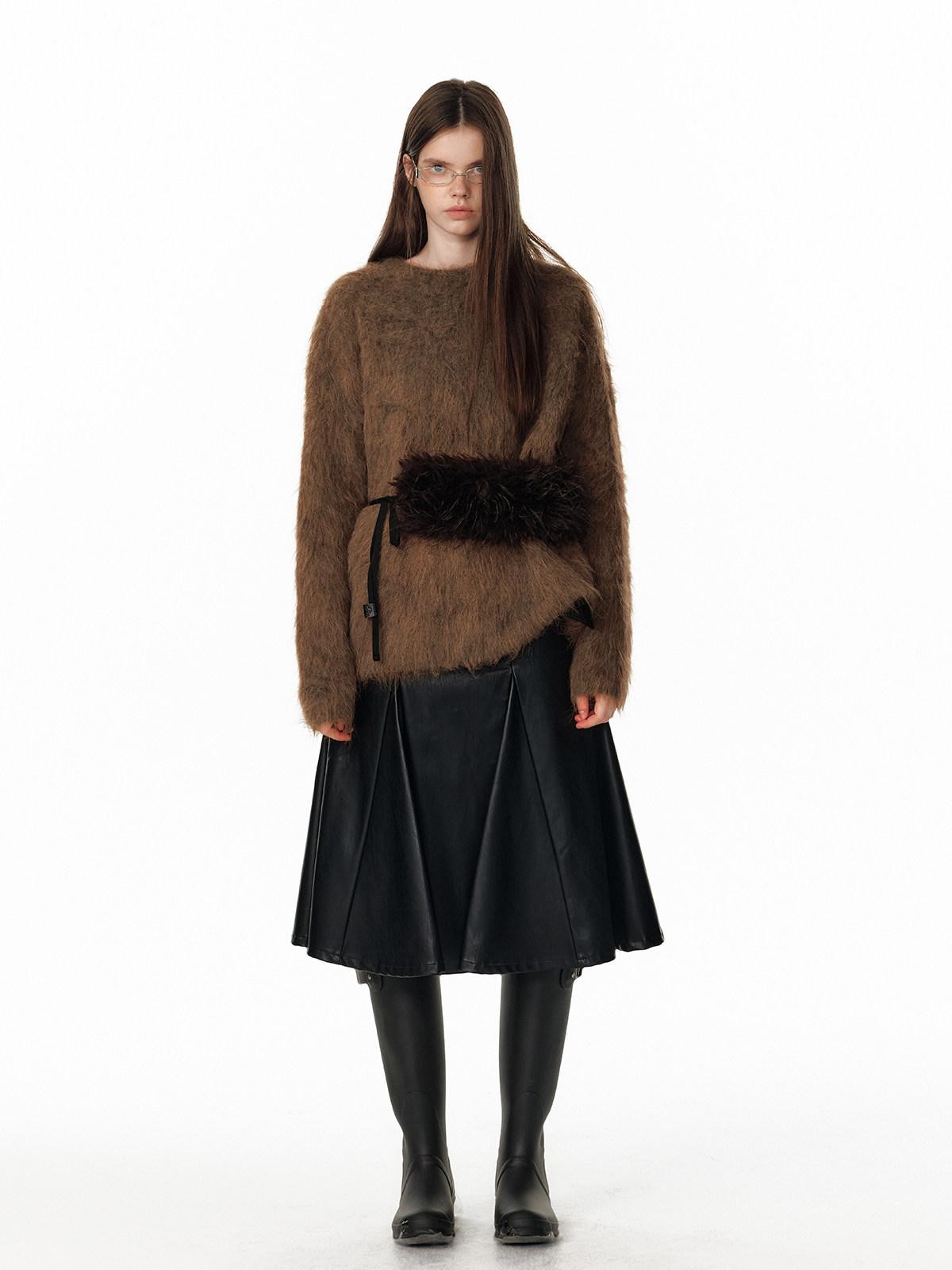 ALINNV Fuzzy Long Hair Alpaca Oversized Crewneck Women&