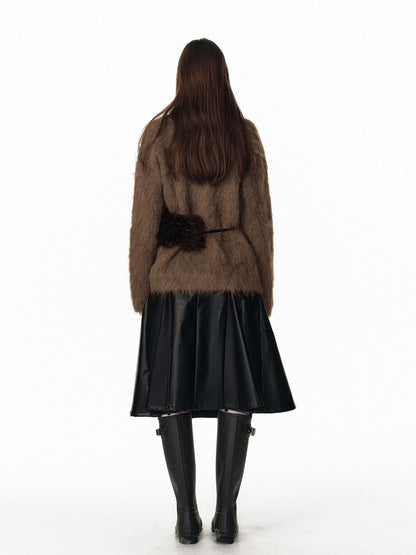 ALINNV Fuzzy Long Hair Alpaca Oversized Crewneck Women&