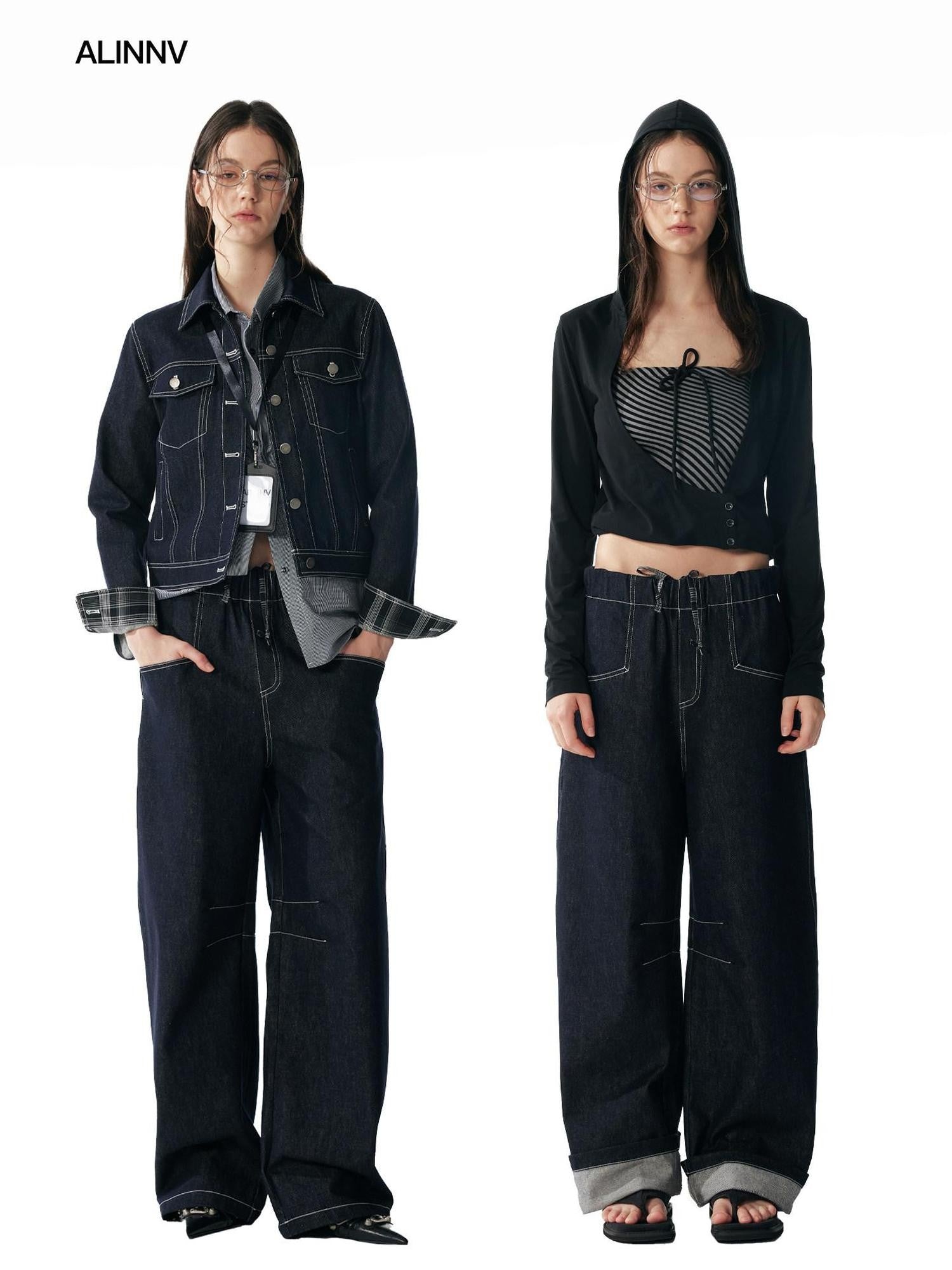 ALINNV Indigo Contrast Stitching Curved Hem Elastic Waist Women&