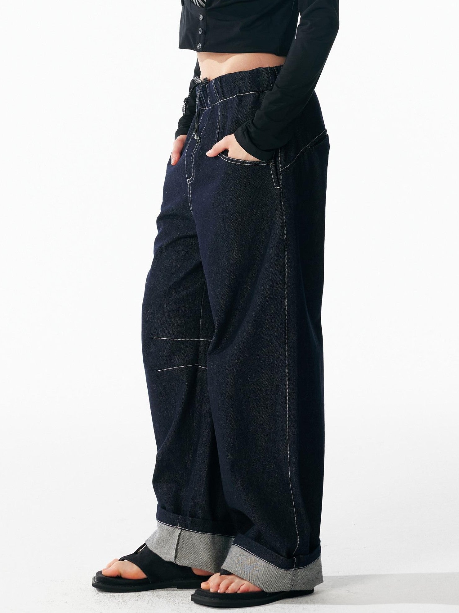 ALINNV Indigo Contrast Stitching Curved Hem Elastic Waist Women&