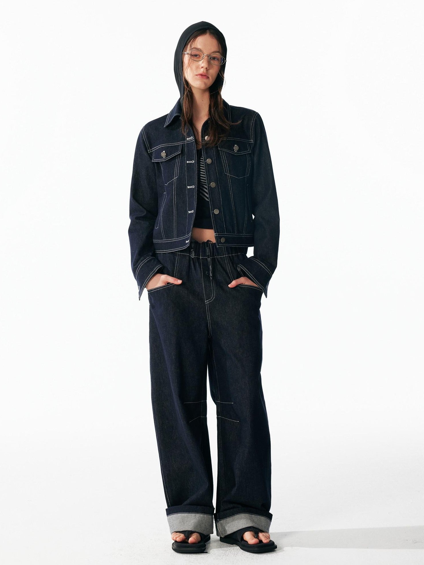 ALINNV Indigo Contrast Stitching Curved Hem Elastic Waist Women&