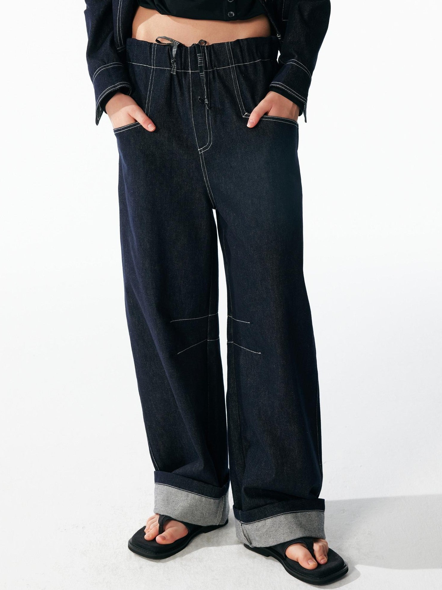 ALINNV Indigo Contrast Stitching Curved Hem Elastic Waist Women&