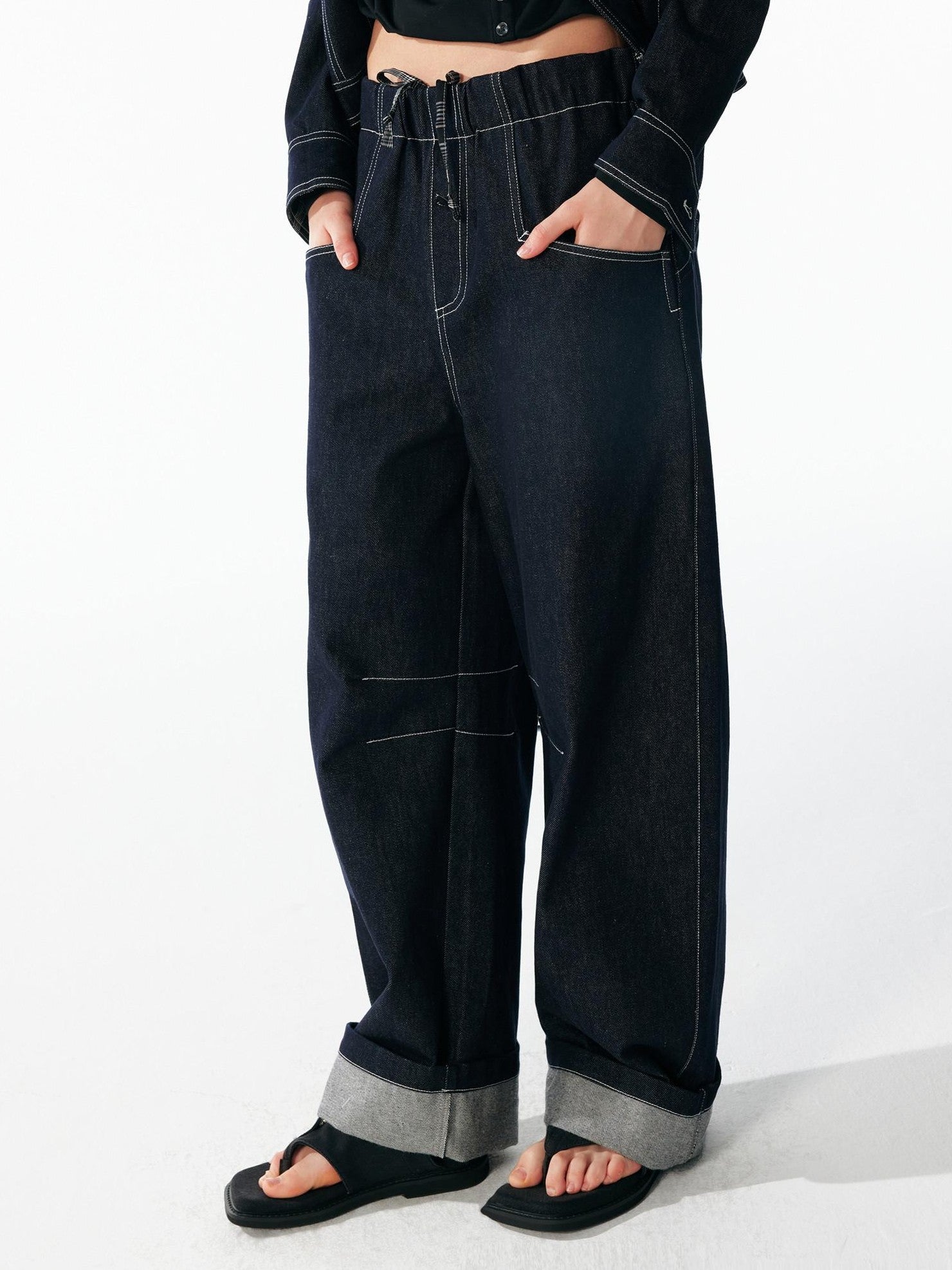 ALINNV Indigo Contrast Stitching Curved Hem Elastic Waist Women&