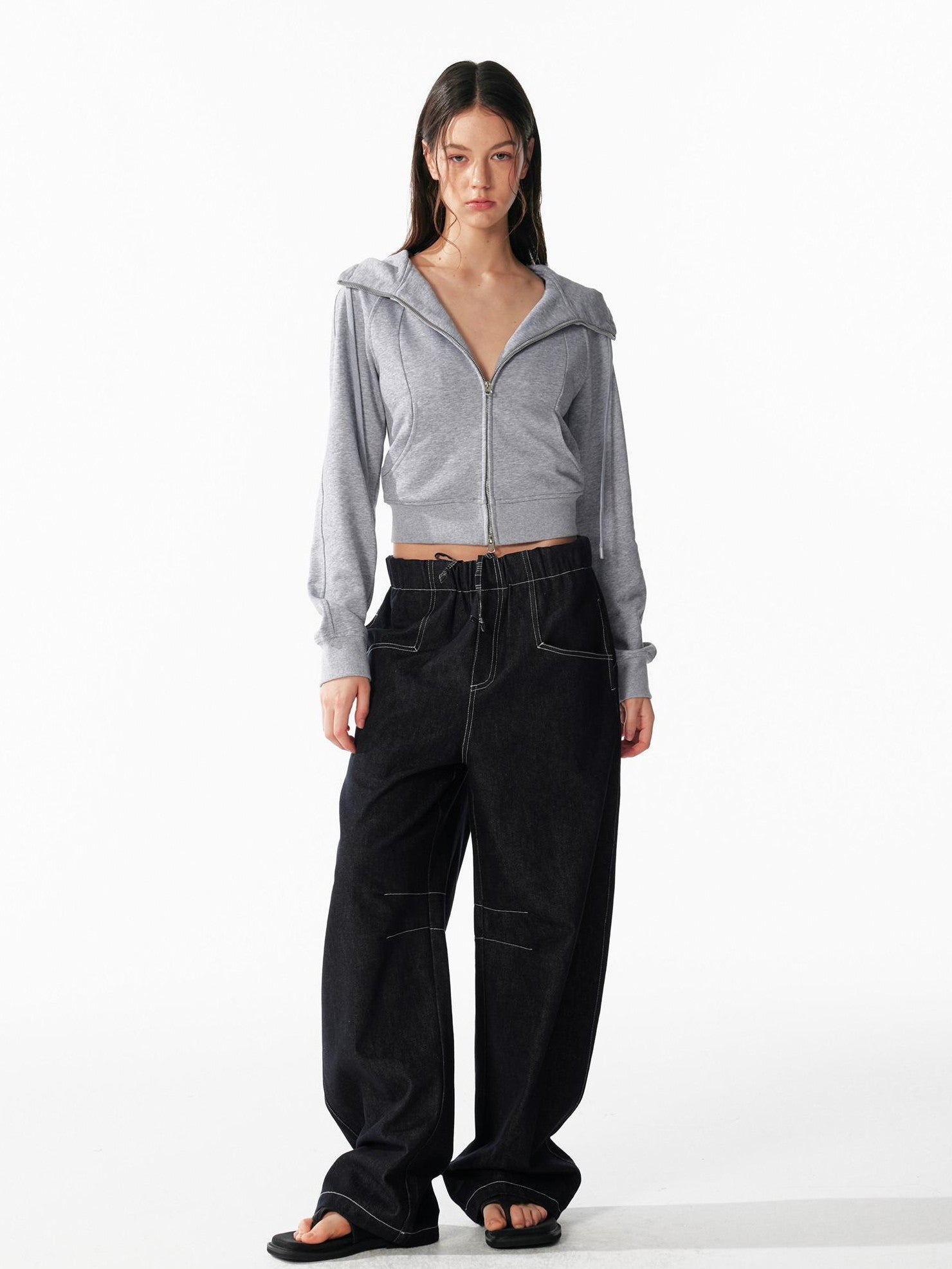 ALINNV Indigo Contrast Stitching Curved Hem Elastic Waist Women&