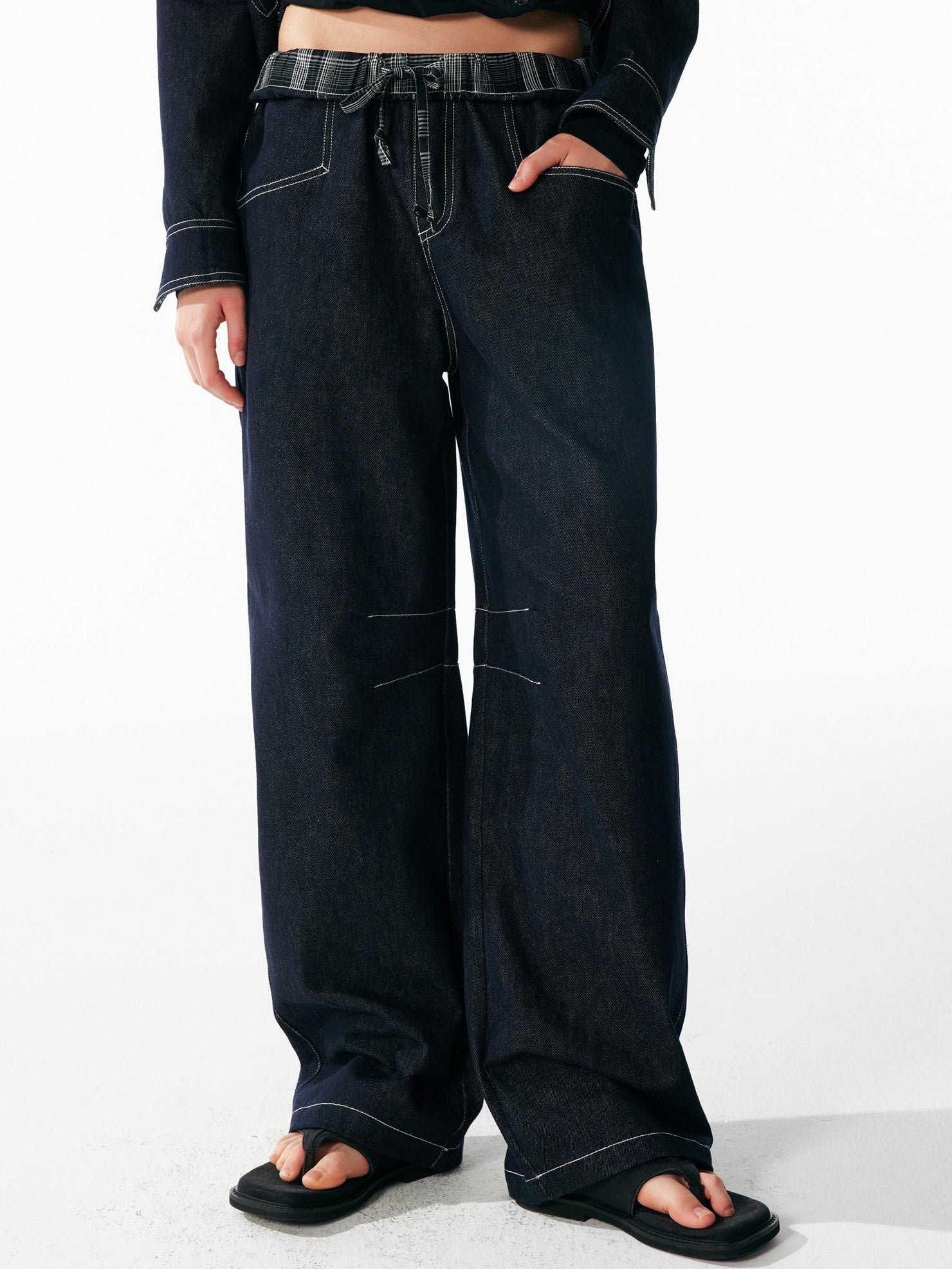 ALINNV Indigo Contrast Stitching Curved Hem Elastic Waist Women&