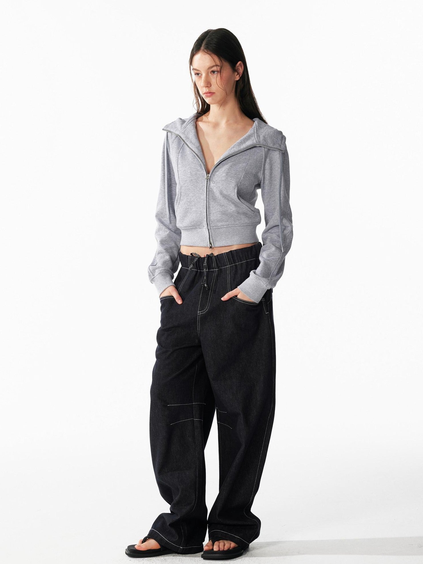 ALINNV Indigo Contrast Stitching Curved Hem Elastic Waist Women&