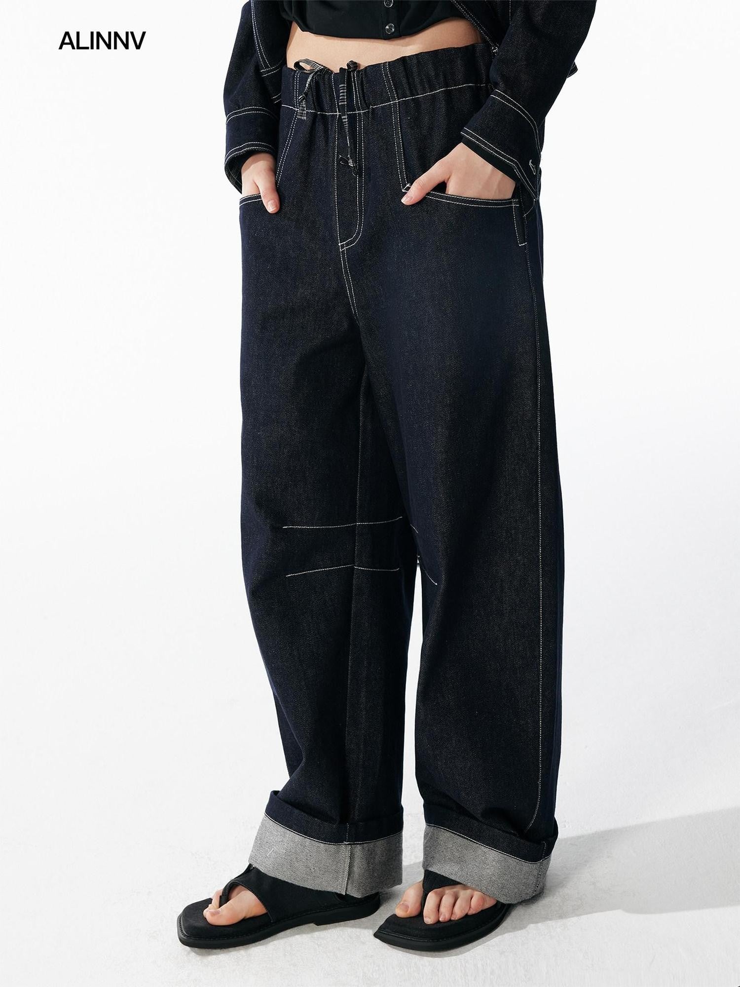 ALINNV Indigo Contrast Stitching Curved Hem Elastic Waist Women&
