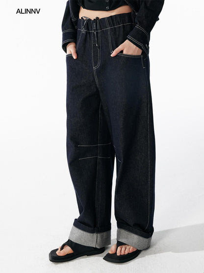 ALINNV Indigo Contrast Stitching Curved Hem Elastic Waist Women&
