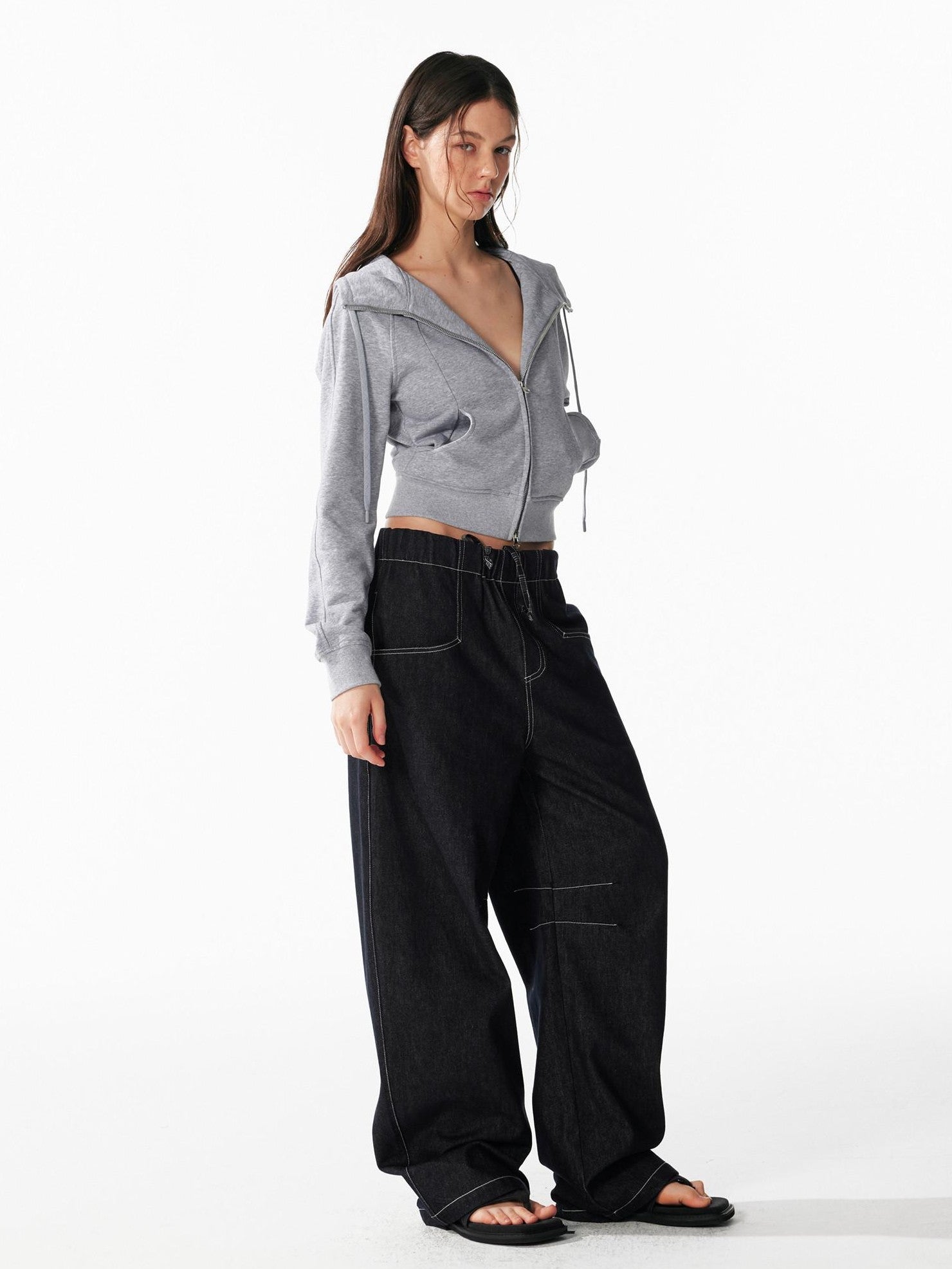 ALINNV Indigo Contrast Stitching Curved Hem Elastic Waist Women&