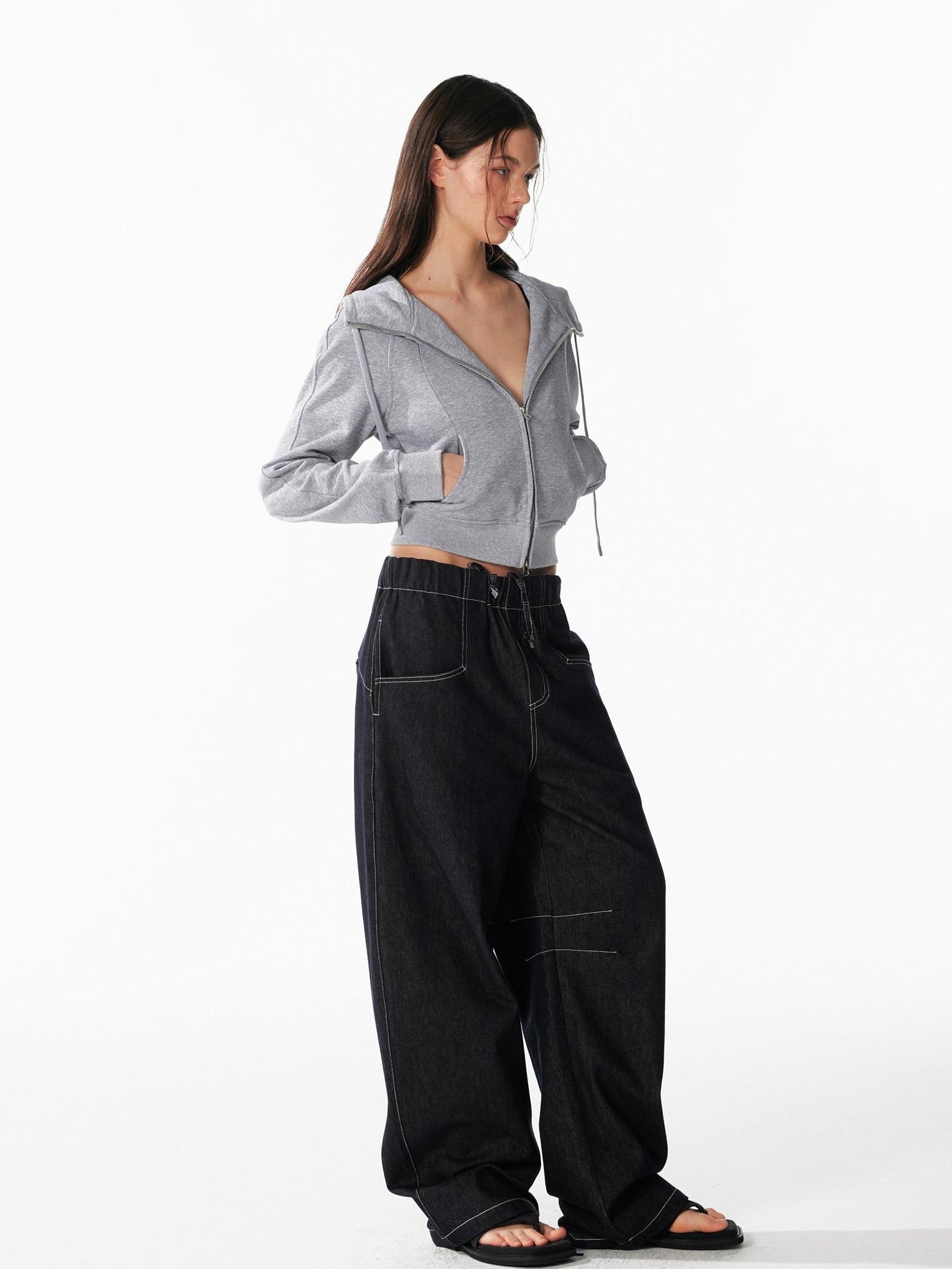 ALINNV Indigo Contrast Stitching Curved Hem Elastic Waist Women&