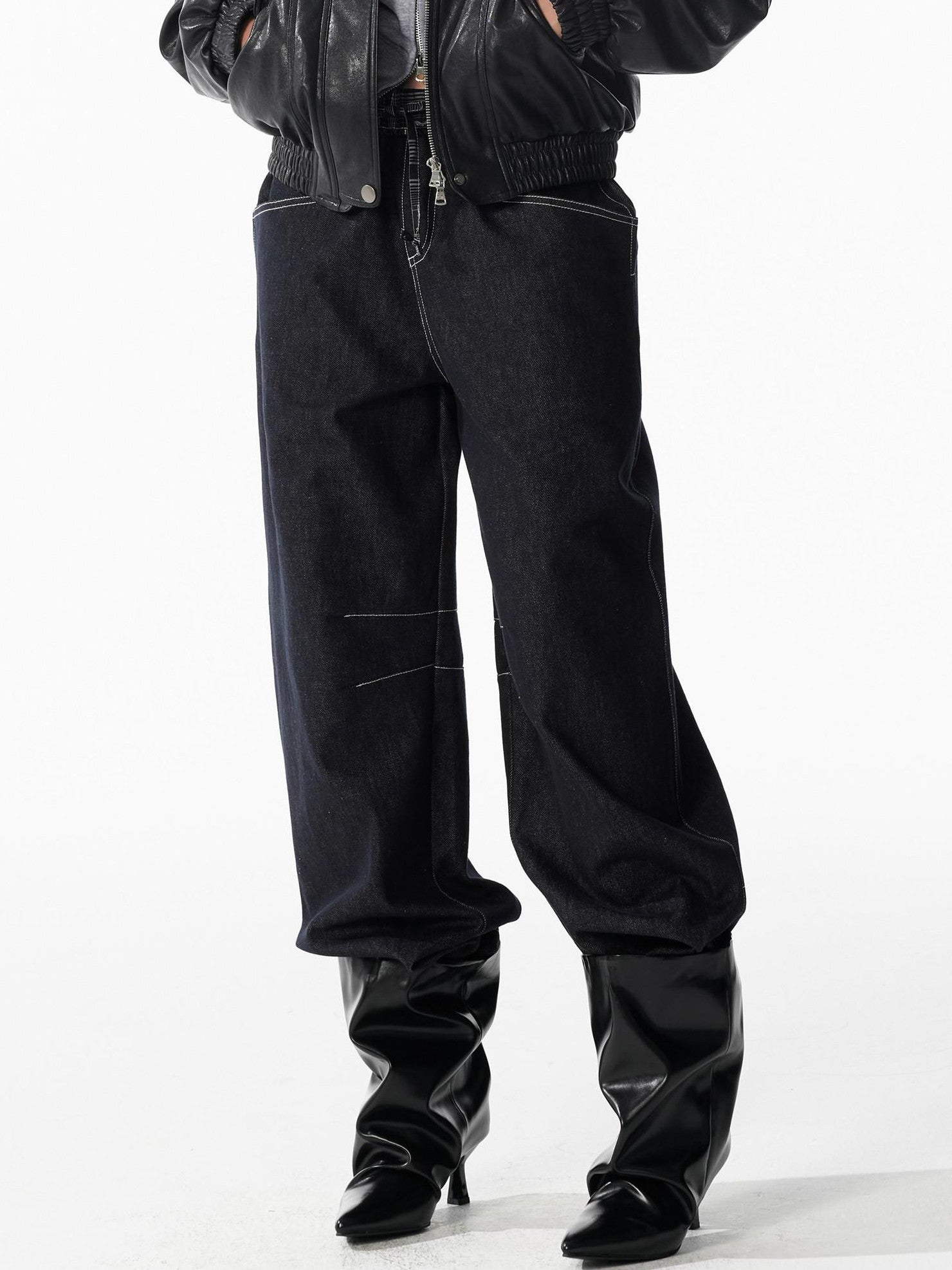 ALINNV Indigo Contrast Stitching Curved Hem Elastic Waist Women&