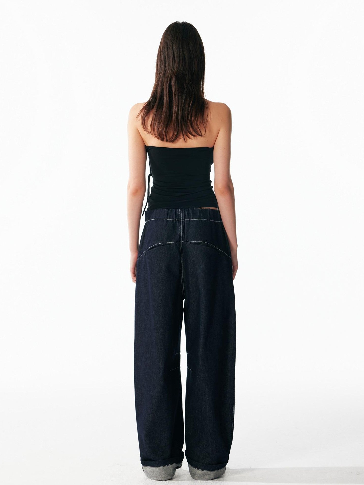 ALINNV Indigo Contrast Stitching Curved Hem Elastic Waist Women&