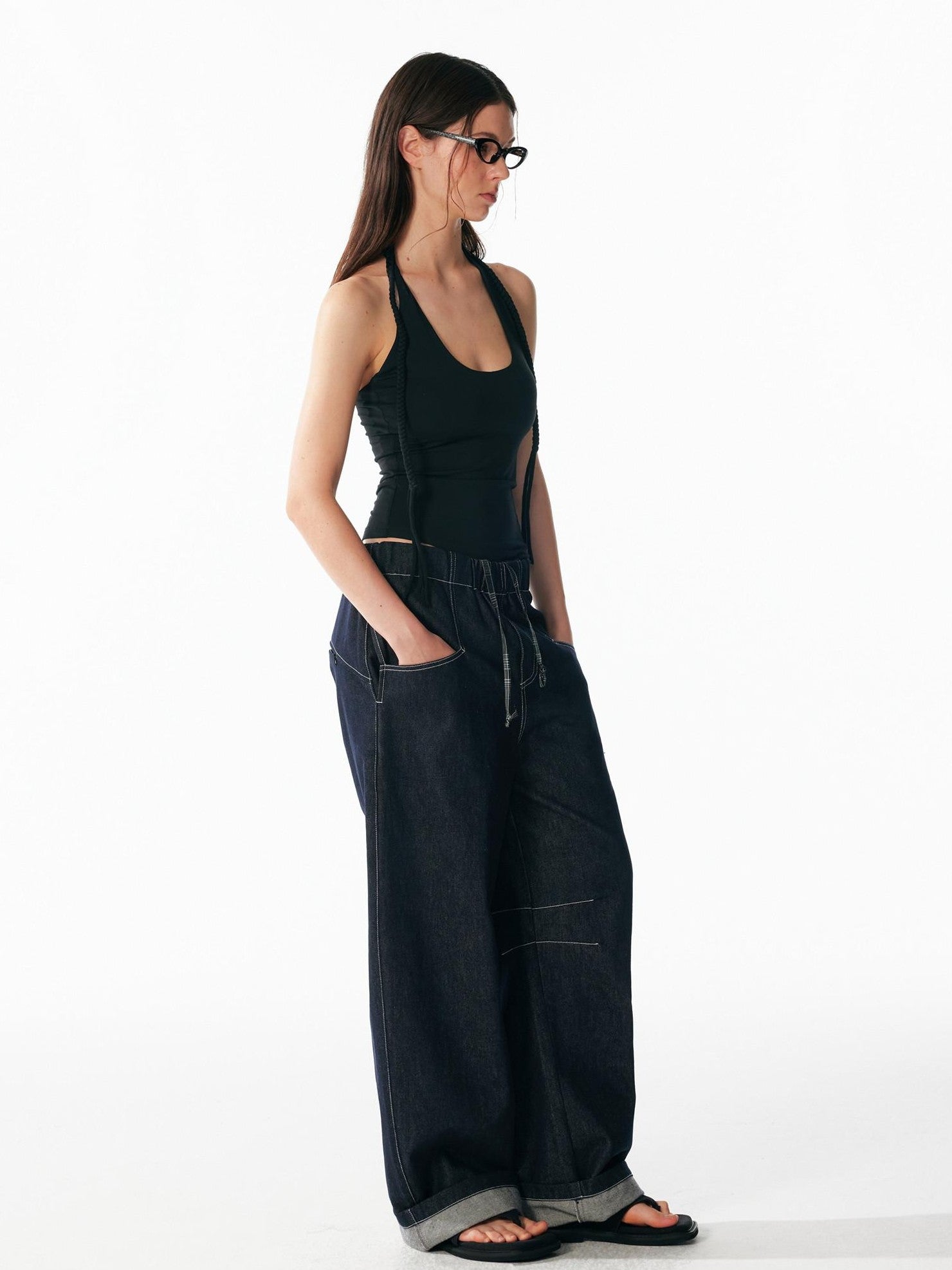ALINNV Indigo Contrast Stitching Curved Hem Elastic Waist Women&