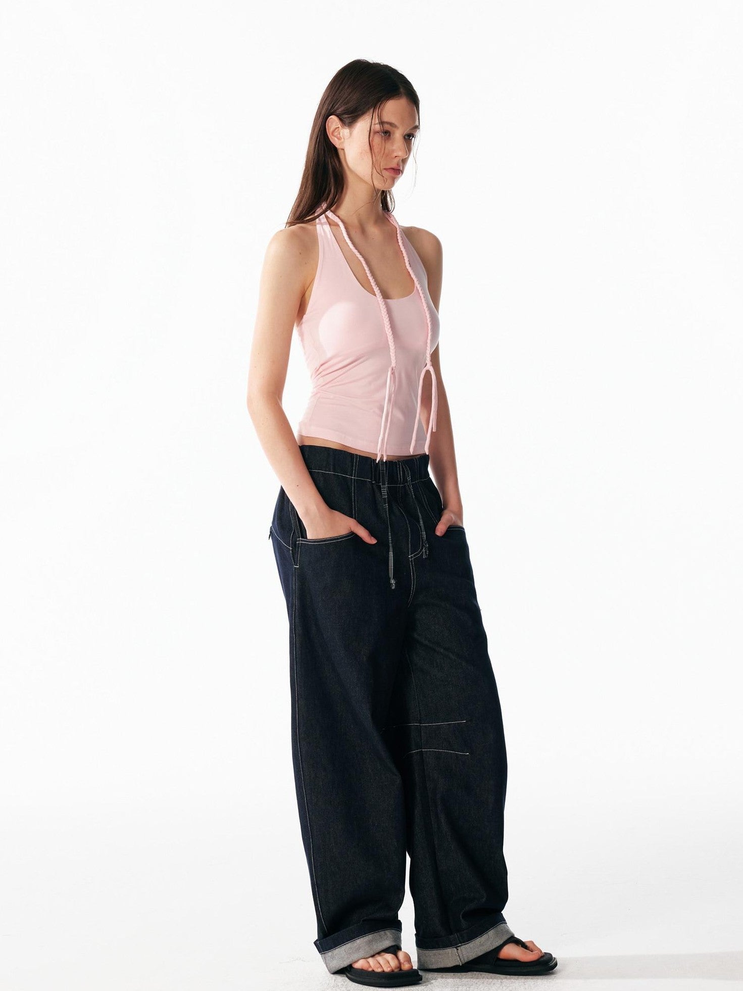 ALINNV Indigo Contrast Stitching Curved Hem Elastic Waist Women&