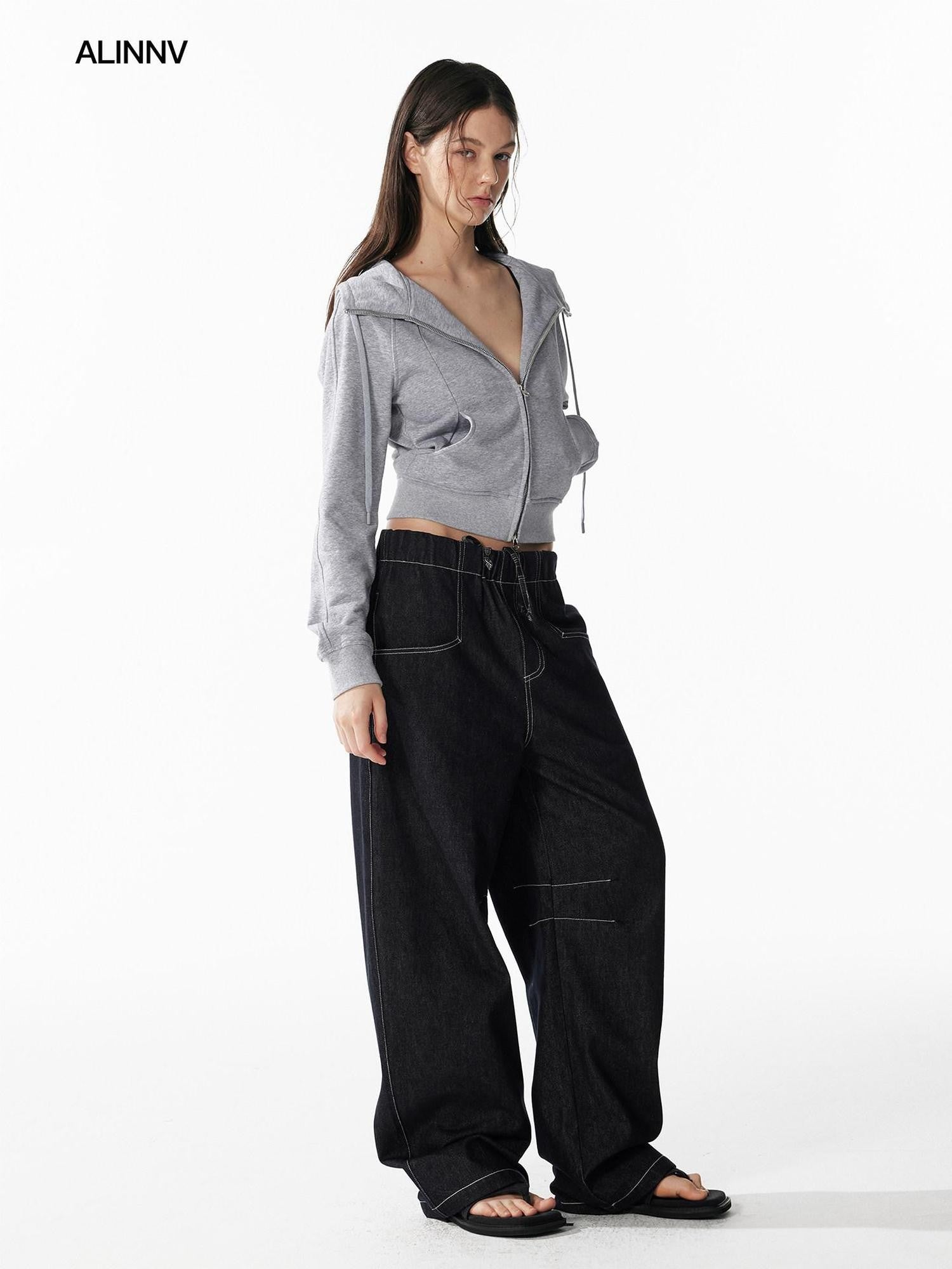 ALINNV Indigo Contrast Stitching Curved Hem Elastic Waist Women&