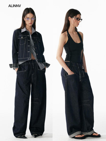 ALINNV Indigo Contrast Stitching Curved Hem Elastic Waist Women&