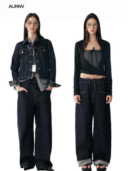 ALINNV Indigo Contrast Stitching Curved Hem Elastic Waist Women&