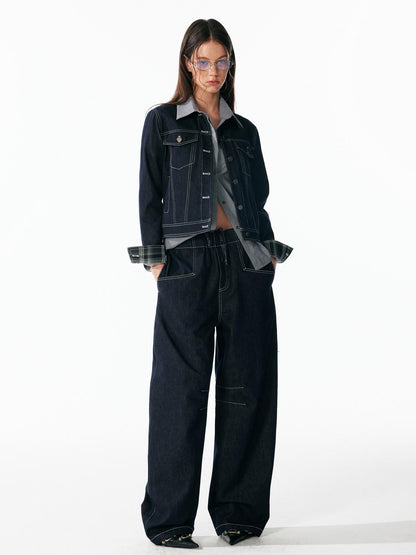 ALINNV Indigo Contrast Stitching Curved Hem Elastic Waist Women&