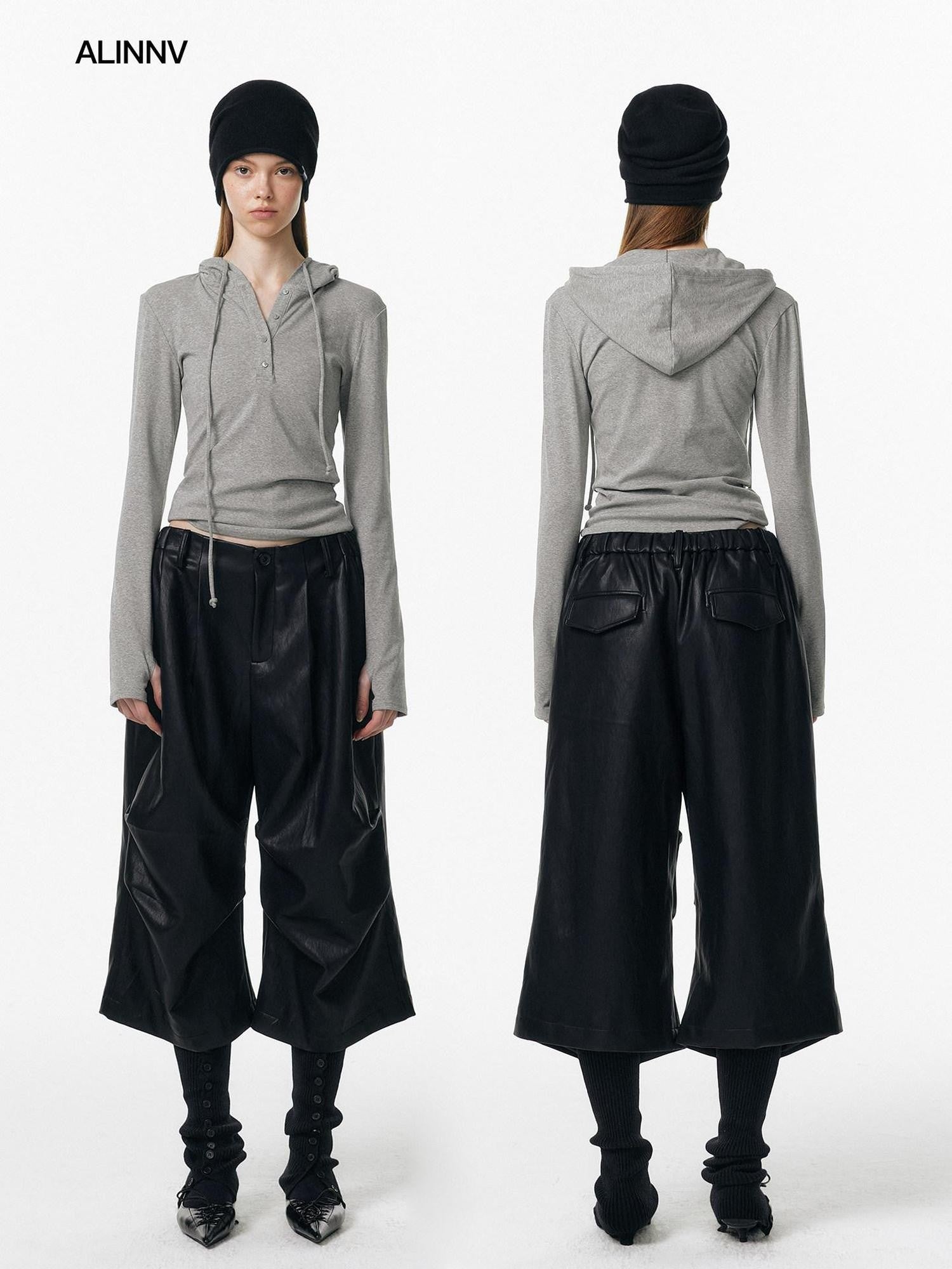 ALINNV Irregular Pleats Curved Hem Woven Texture Button Detail Women&