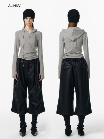 ALINNV Irregular Pleats Curved Hem Woven Texture Button Detail Women&
