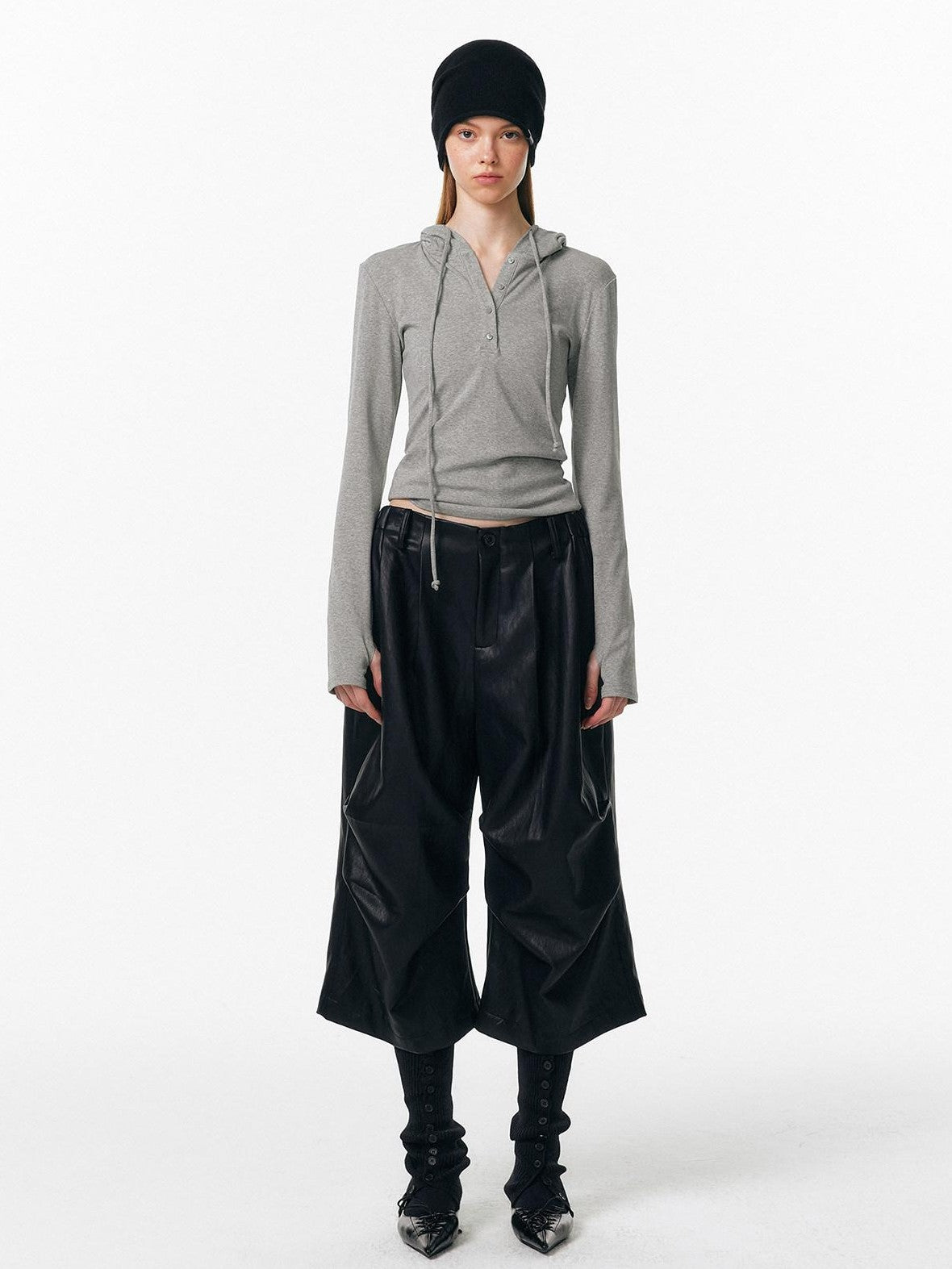 ALINNV Irregular Pleats Curved Hem Woven Texture Button Detail Women&