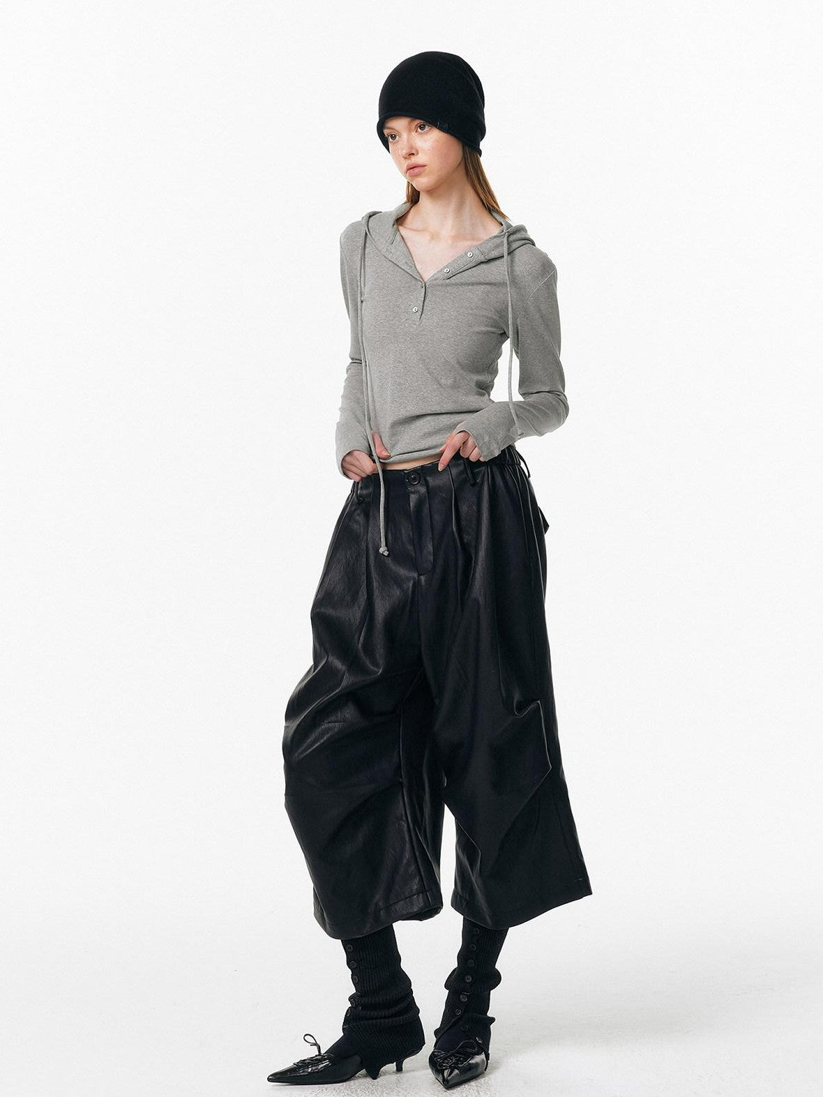 ALINNV Irregular Pleats Curved Hem Woven Texture Button Detail Women&