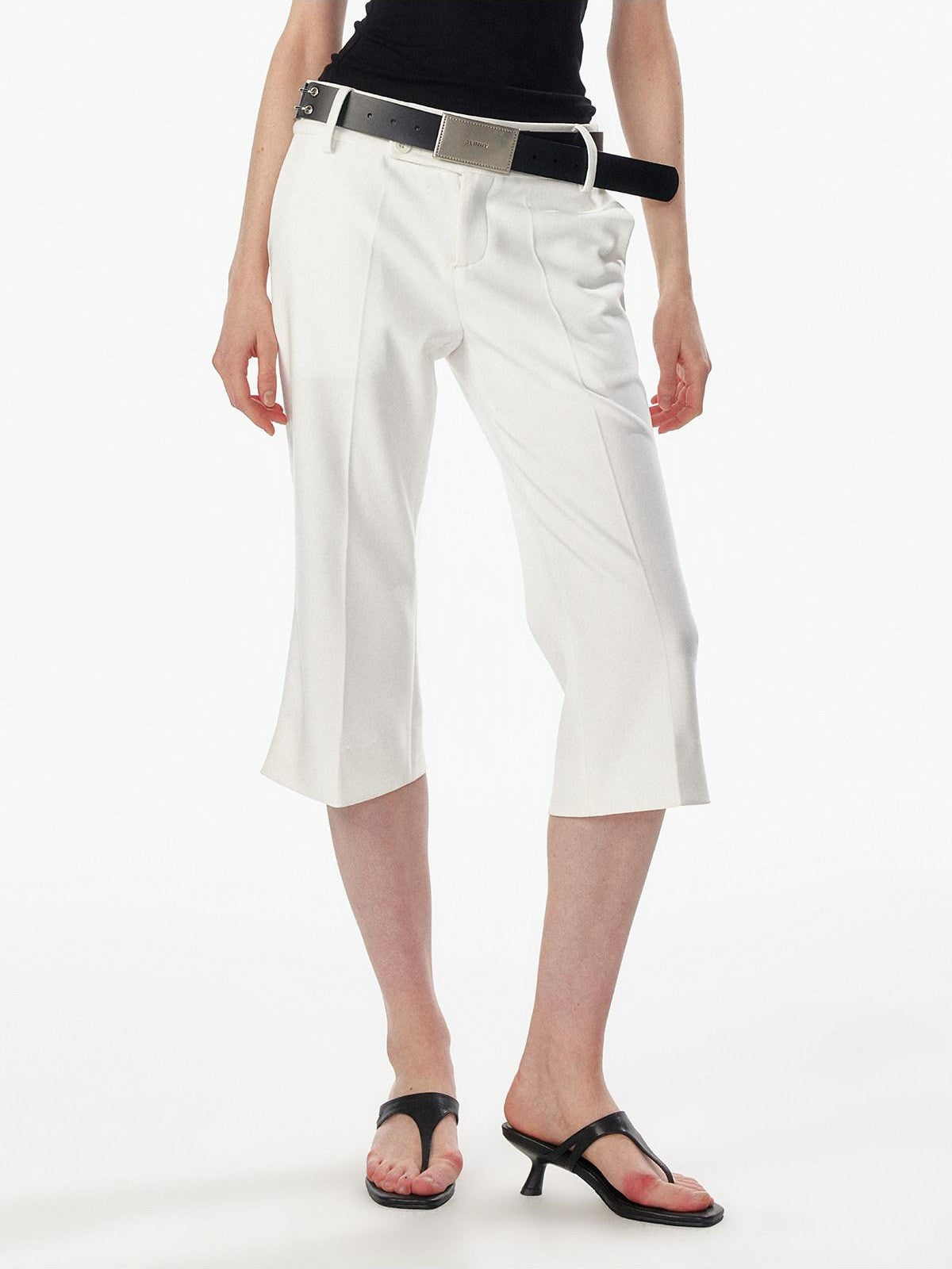 ALINNV Ivory Button Trim Low Waist Slim Straight Hem Slit Women&