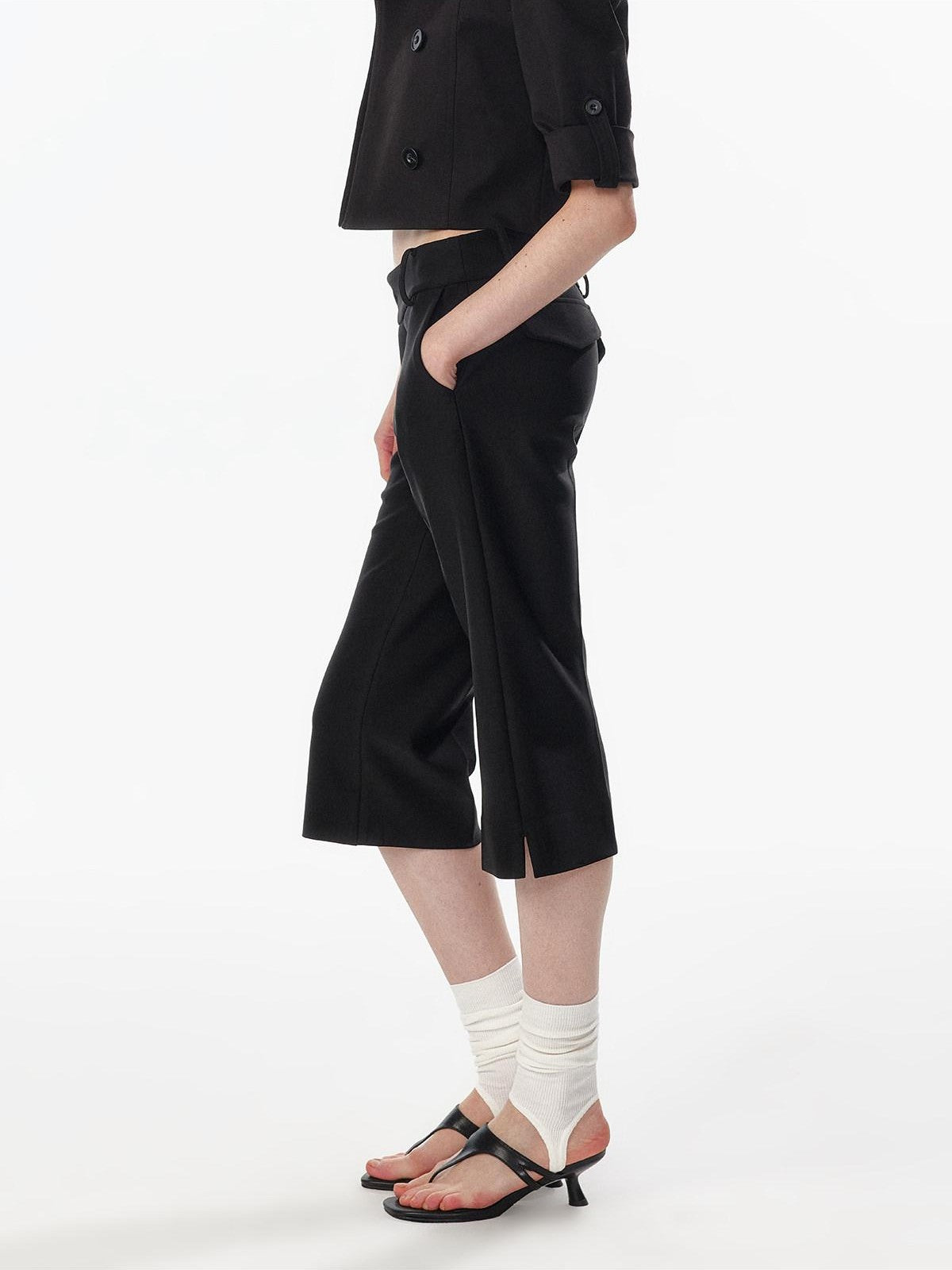 ALINNV Ivory Button Trim Low Waist Slim Straight Hem Slit Women&