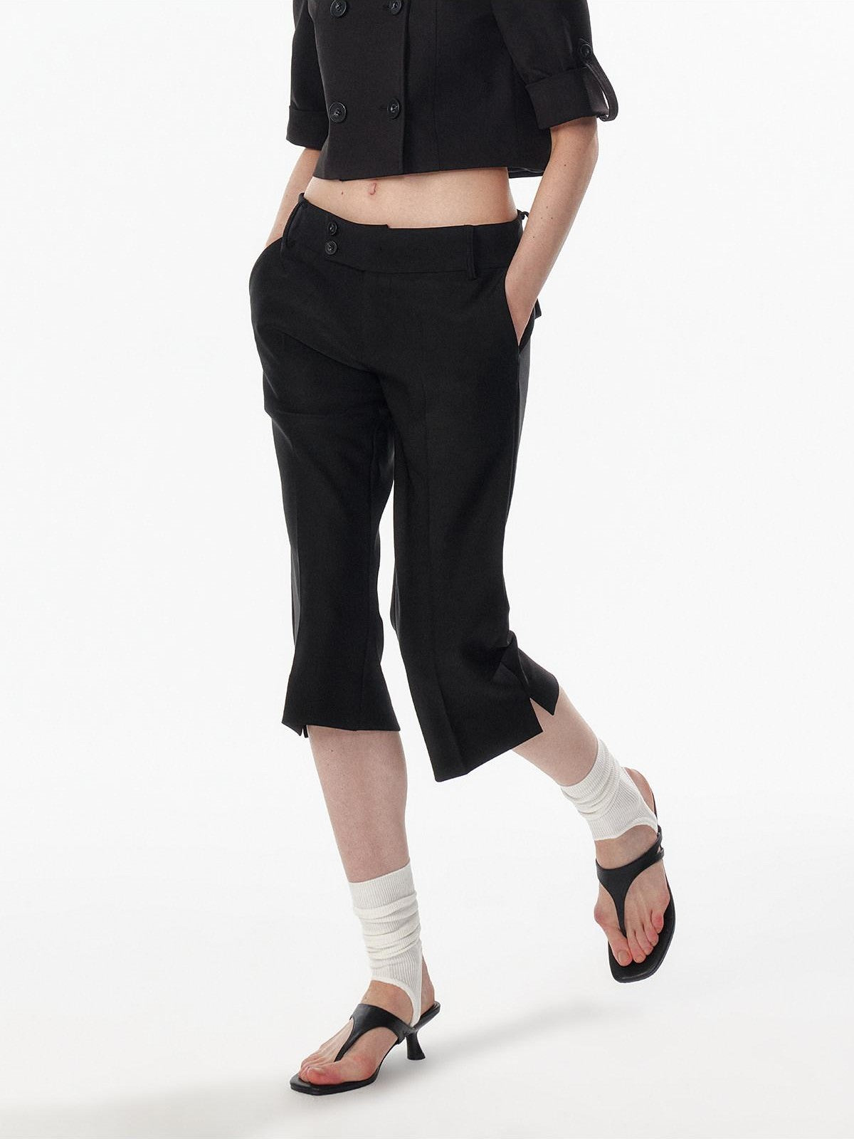 ALINNV Ivory Button Trim Low Waist Slim Straight Hem Slit Women&