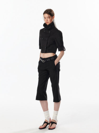 ALINNV Ivory Button Trim Low Waist Slim Straight Hem Slit Women&