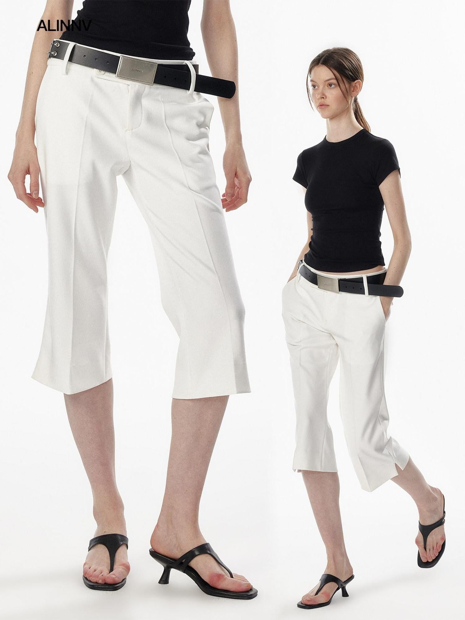 ALINNV Ivory Button Trim Low Waist Slim Straight Hem Slit Women&
