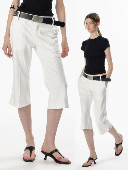 ALINNV Ivory Button Trim Low Waist Slim Straight Hem Slit Women&
