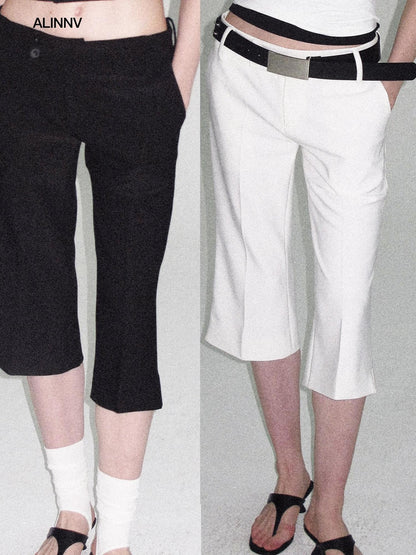ALINNV Ivory Button Trim Low Waist Slim Straight Hem Slit Women&