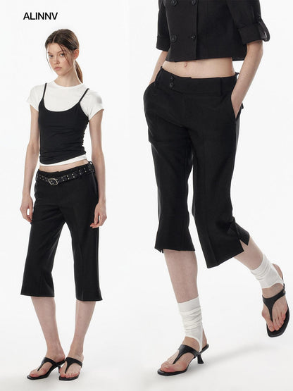 ALINNV Ivory Button Trim Low Waist Slim Straight Hem Slit Women&