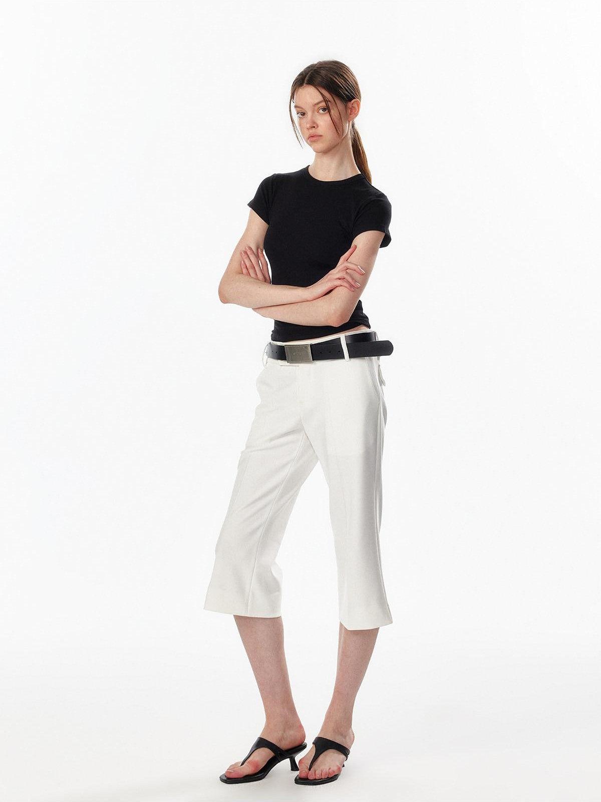 ALINNV Ivory Button Trim Low Waist Slim Straight Hem Slit Women&