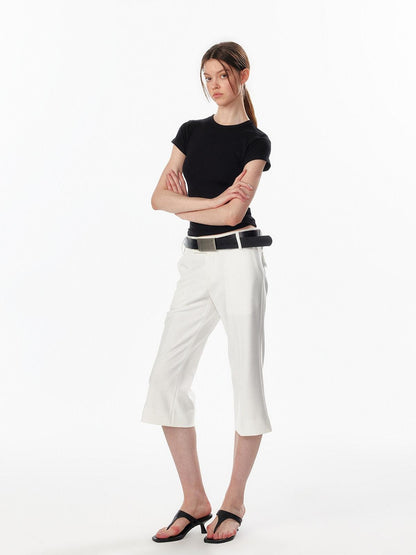 ALINNV Ivory Button Trim Low Waist Slim Straight Hem Slit Women&
