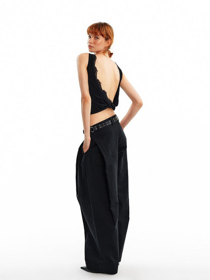 ALINNV Lace Knot Open Back H Line Button Short Women&