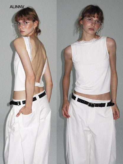 ALINNV Lace Knot Open Back H Line Button Short Women&