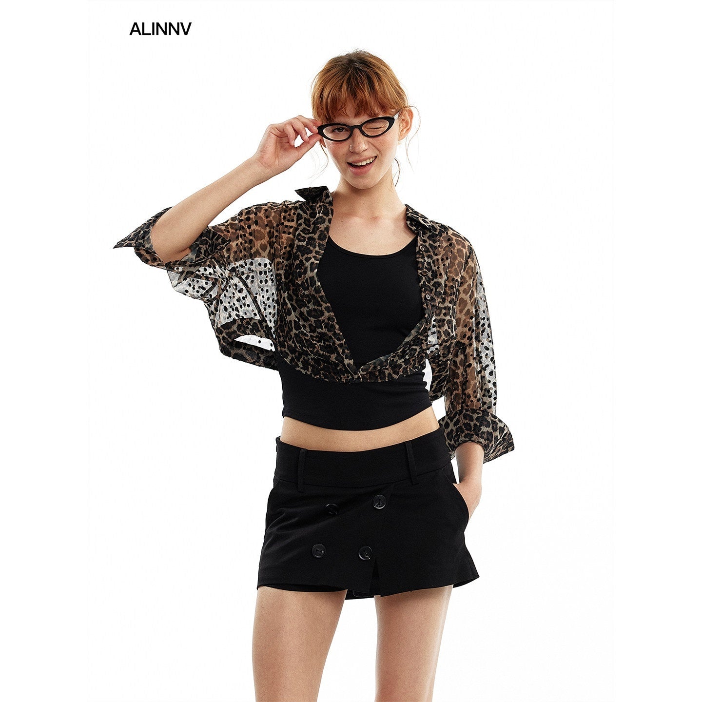 ALINNV_Leopard_Faux_Two_Piece_Mid_Sleeve_Collared_Cropped_Loose_Women&
