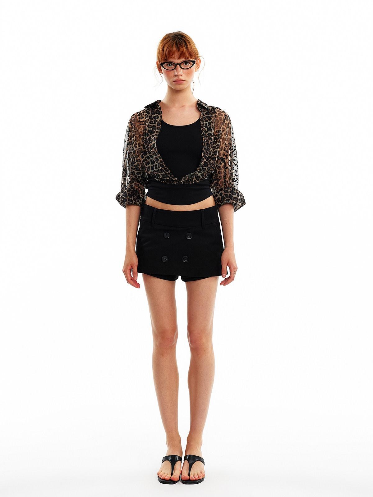 ALINNV Leopard Faux Two Piece Mid Sleeve Collared Cropped Loose Women&