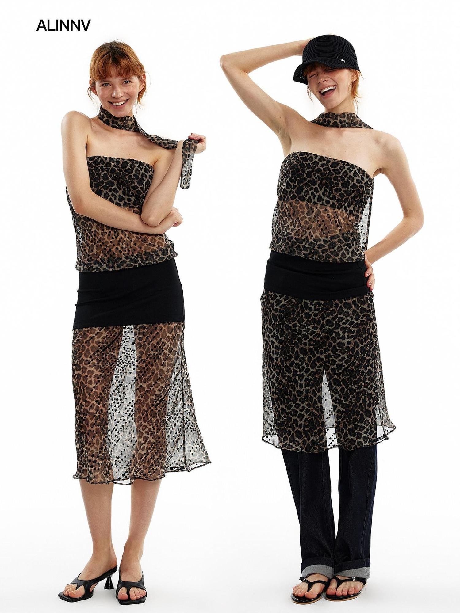 ALINNV Leopard Print Bias Cut Vintage Strapless Women&