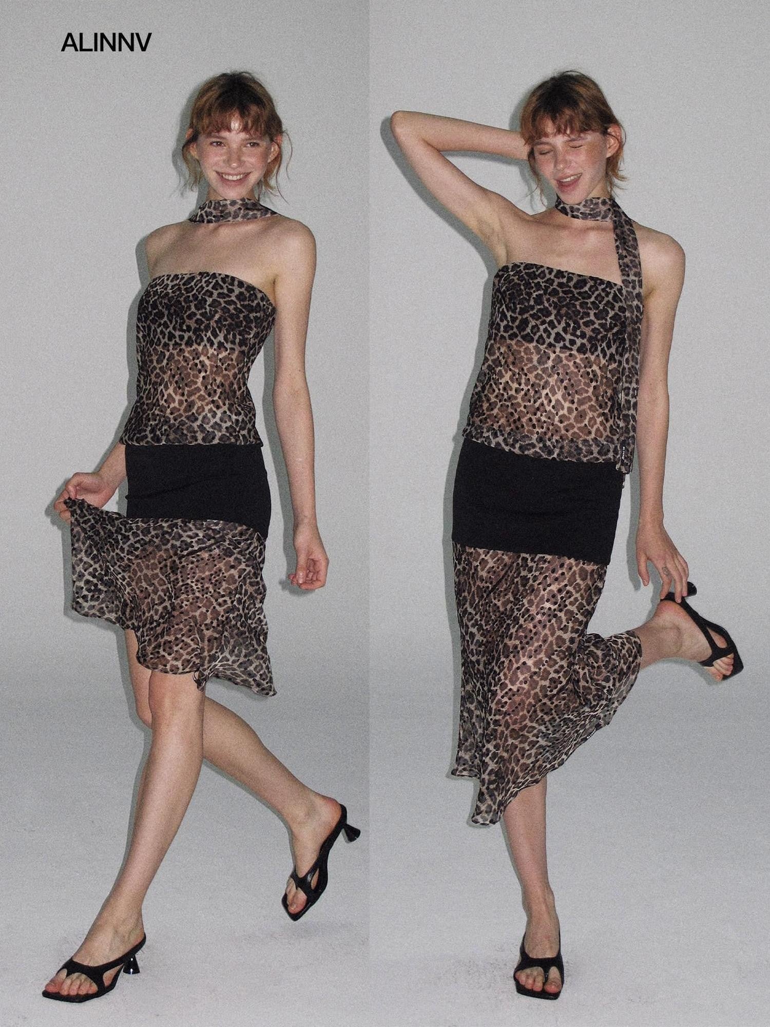 ALINNV Leopard Print Bias Cut Vintage Strapless Women&