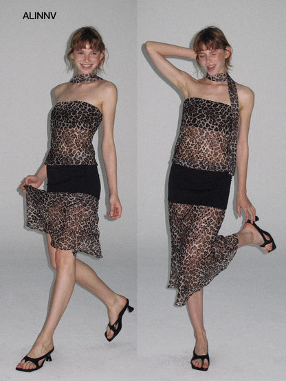 ALINNV Leopard Print Bias Cut Vintage Strapless Women&